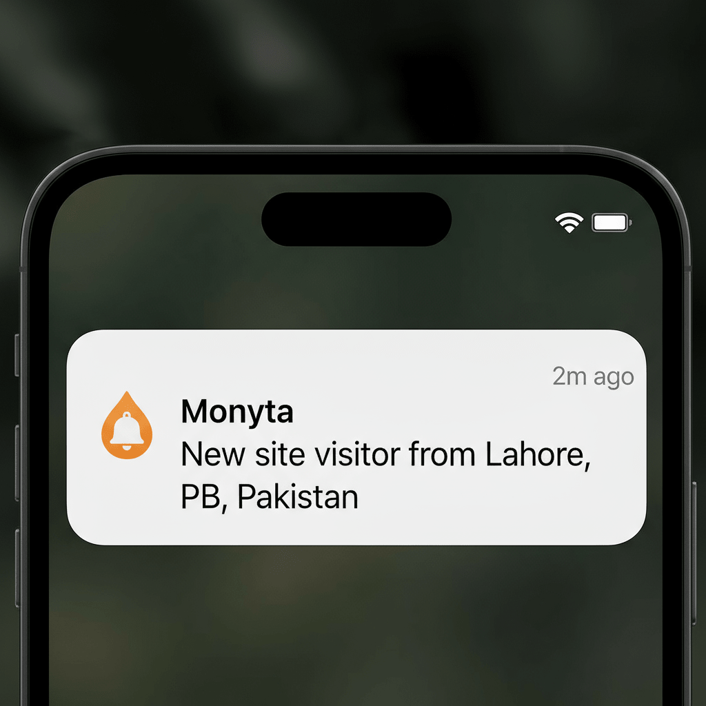 DropBy Real-time Notification on Mobile Device - New site visitor from Lahore, Pakistan